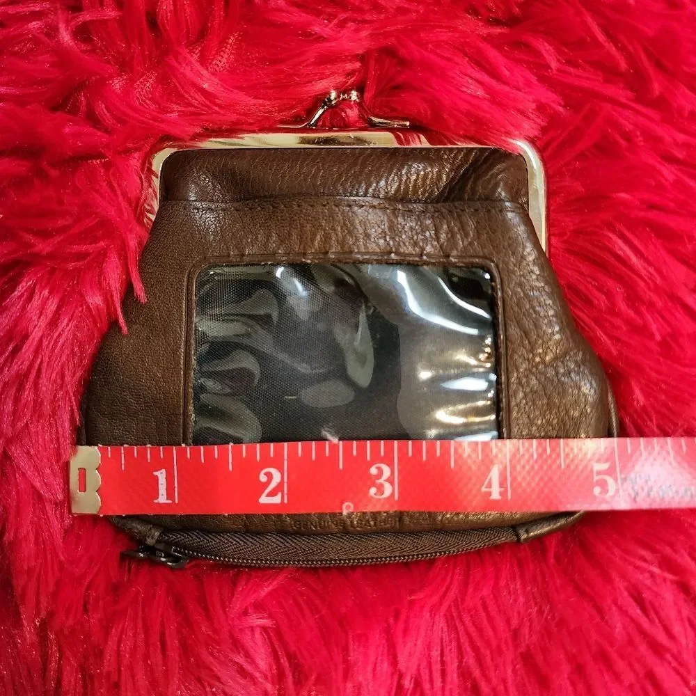 Vintage Brown Genuine Pebbled Leather Coin Pouch with Silver Toned Kiss Lock